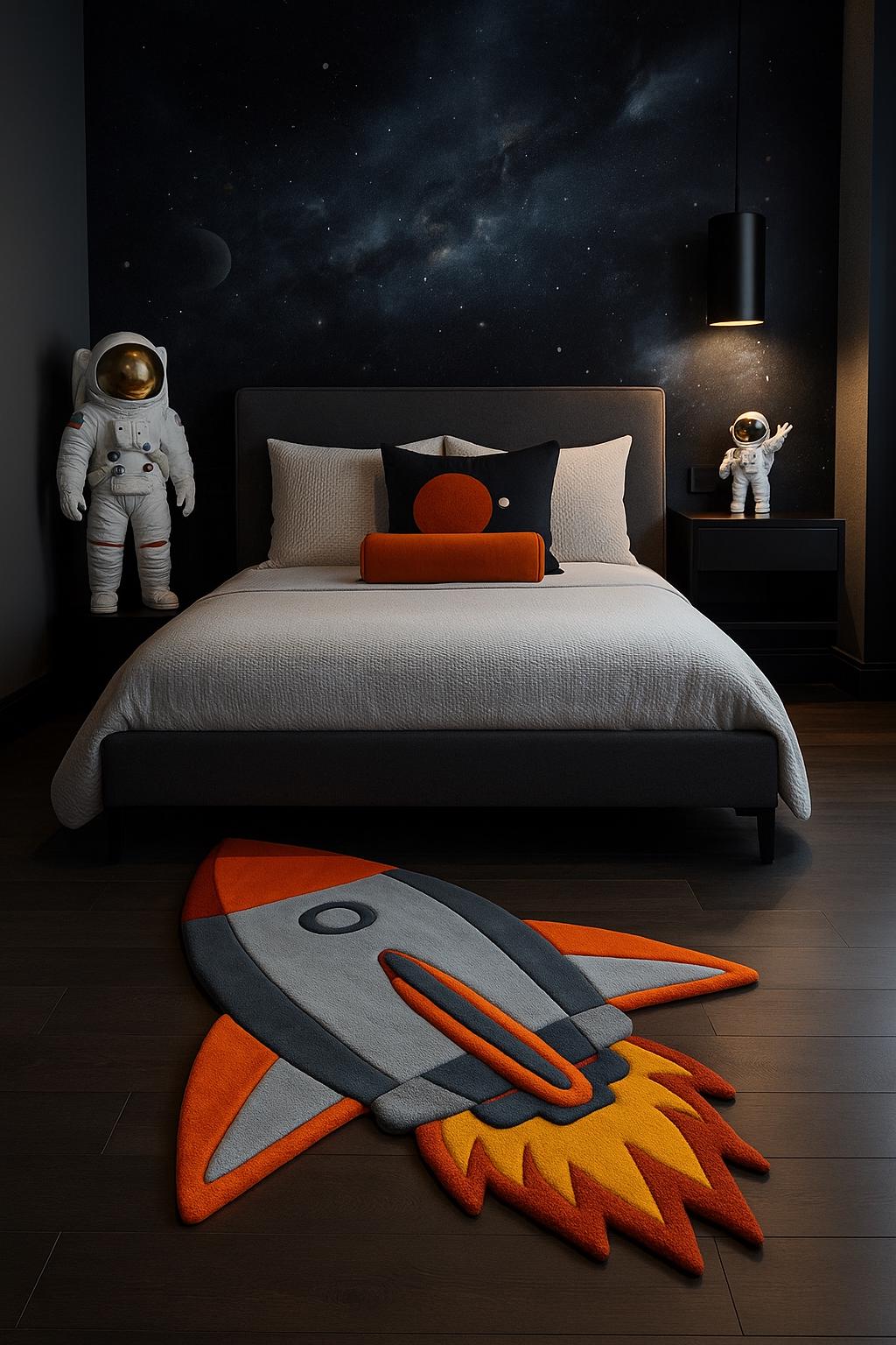 Hand-Tufted Wool Rocket Ship Rug: Space Nursery Decor