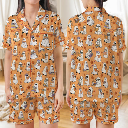 Bookish Ghost Halloween Pajamas, Reading Ghost Satin Pajama Set, Cute Halloween Sleepwear, Book Lover Spooky Loungewear Gift For Women