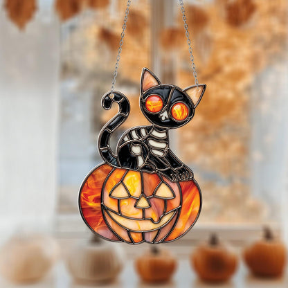 Halloween Black Cat with Pumpkin Window Hanging – Spooky Autumn Home Decor, Gothic Kitty Ornament, Fall Halloween Gift Idea.