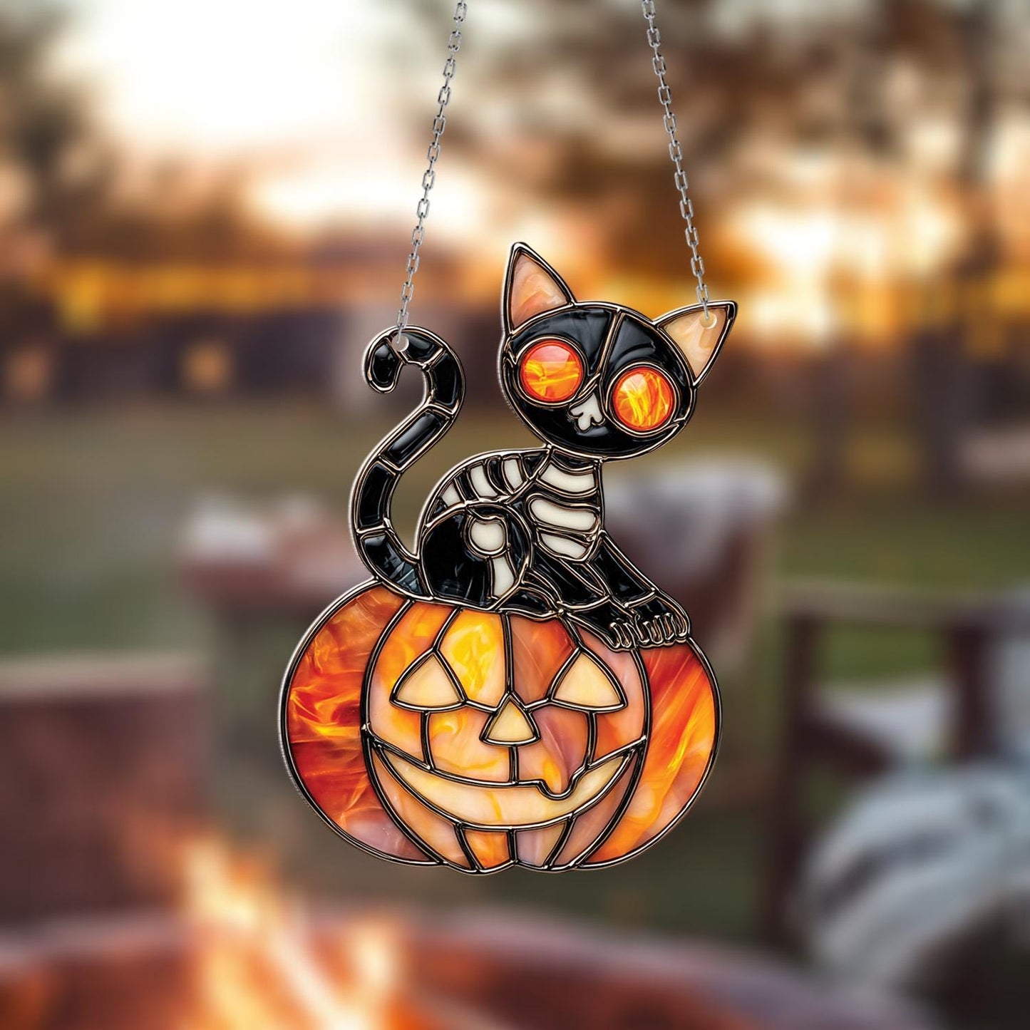 Halloween Black Cat with Pumpkin Window Hanging – Spooky Autumn Home Decor, Gothic Kitty Ornament, Fall Halloween Gift Idea.