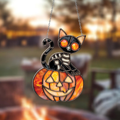 Halloween Black Cat with Pumpkin Window Hanging – Spooky Autumn Home Decor, Gothic Kitty Ornament, Fall Halloween Gift Idea.
