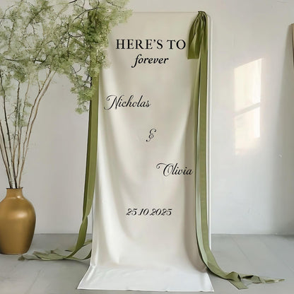 Here’s to Forever Wedding Banner, Personalized Welcome Sign with Names and Date, Custom Ceremony Backdrop, Elegant Wedding Reception Decor