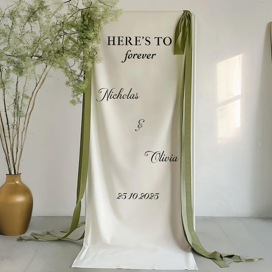 Here’s to Forever Wedding Banner, Personalized Welcome Sign with Names and Date, Custom Ceremony Backdrop, Elegant Wedding Reception Decor