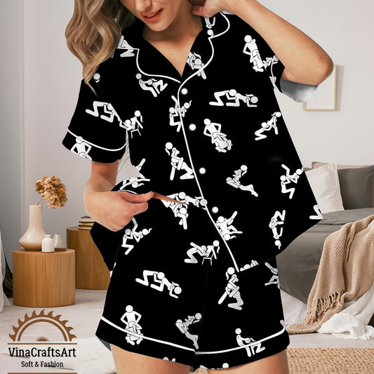 Adult Humor Pajamas Set – Funny Stick Figure Positions Print Sleepwear – Naughty Novelty Loungewear for Couples, Embarrassing Raunchy