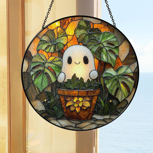 Cute Ghost Plant Suncatcher, Glass Suncatcher Decor, Pendant Wall Window Ornament, Halloween Ghost Glass Suncatcher, Plant Lovers Gift