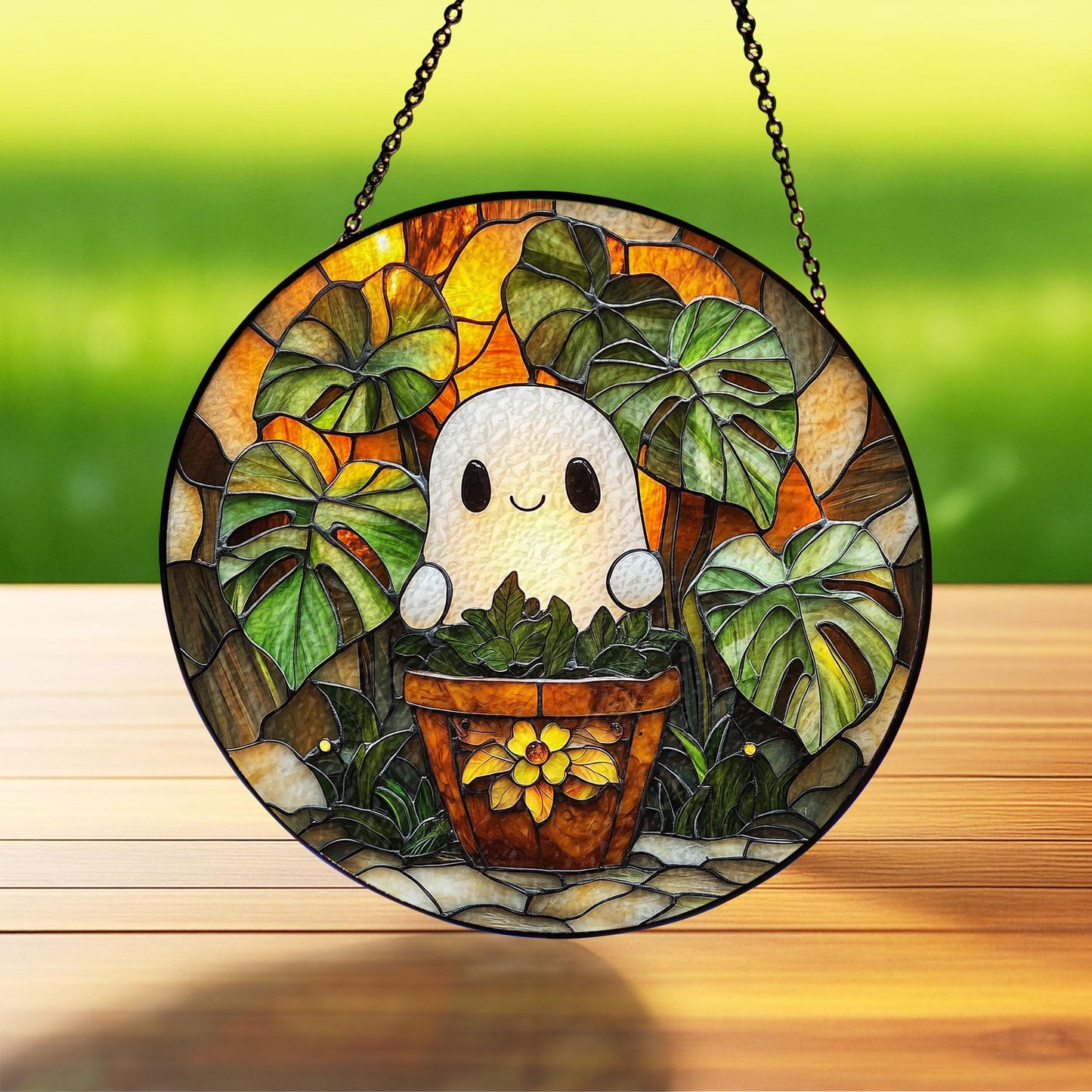 Cute Ghost Plant Suncatcher, Glass Suncatcher Decor, Pendant Wall Window Ornament, Halloween Ghost Glass Suncatcher, Plant Lovers Gift