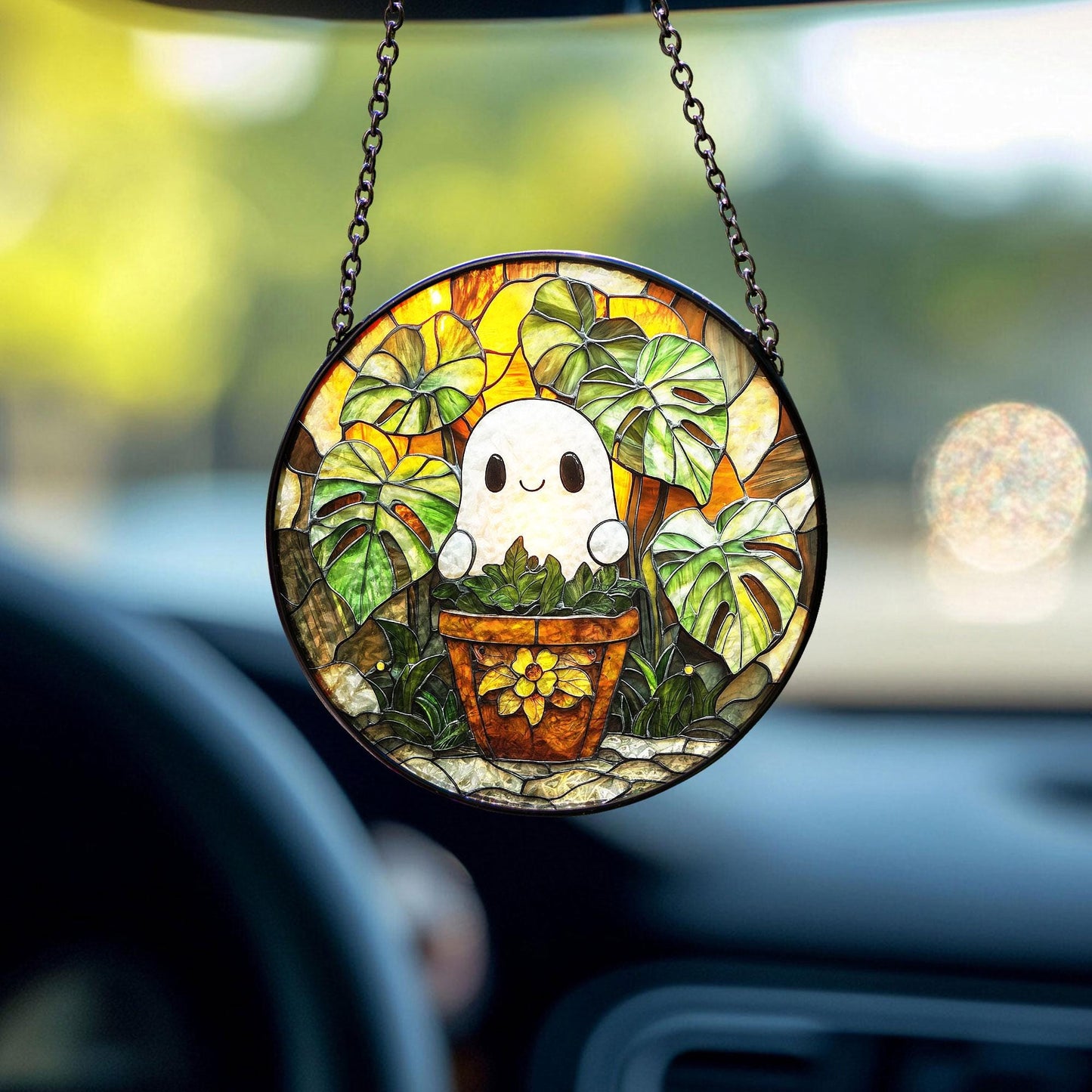 Cute Ghost Plant Suncatcher, Glass Suncatcher Decor, Pendant Wall Window Ornament, Halloween Ghost Glass Suncatcher, Plant Lovers Gift