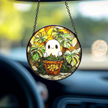 Cute Ghost Plant Suncatcher, Glass Suncatcher Decor, Pendant Wall Window Ornament, Halloween Ghost Glass Suncatcher, Plant Lovers Gift