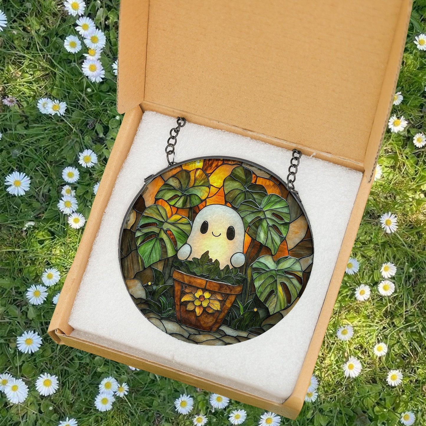 Cute Ghost Plant Suncatcher, Glass Suncatcher Decor, Pendant Wall Window Ornament, Halloween Ghost Glass Suncatcher, Plant Lovers Gift