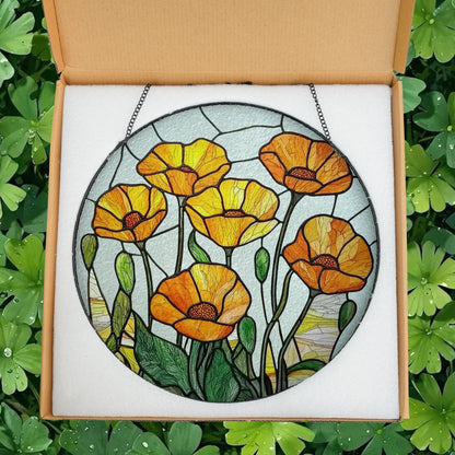 California Poppy Stained Glass SunCatcher California Poppy Window Hanging Home Poppy Flower Decoration Gift Flower Lover Decor