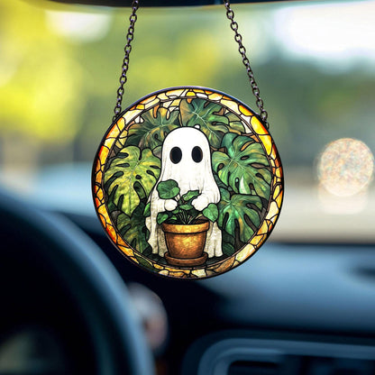 Cute Ghost Plant Stained Glass Suncatcher, Ghost and Monstera Ornament, Halloween Ghost Window Hangings, Plant Lovers Gift, Gift For Mom
