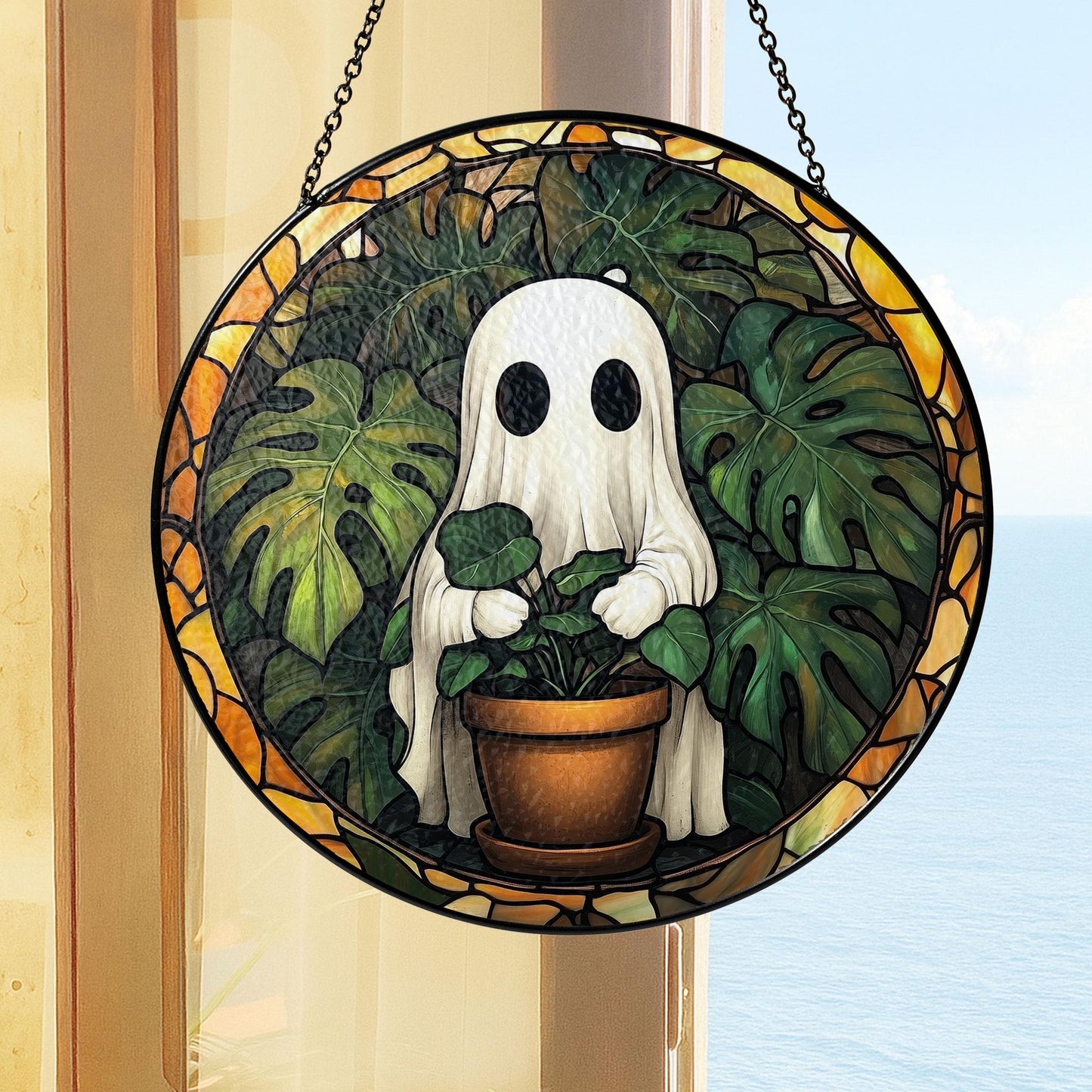 Cute Ghost Plant Stained Glass Suncatcher, Ghost and Monstera Ornament, Halloween Ghost Window Hangings, Plant Lovers Gift, Gift For Mom