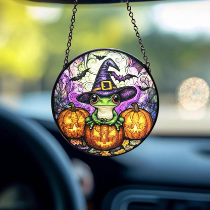 Frog Stained Glass Suncatcher, Pumpkin Cluster Scene, Halloween Witch Decor, Spooky Cute Style, Animal Lovers, Fun Fall Gift
