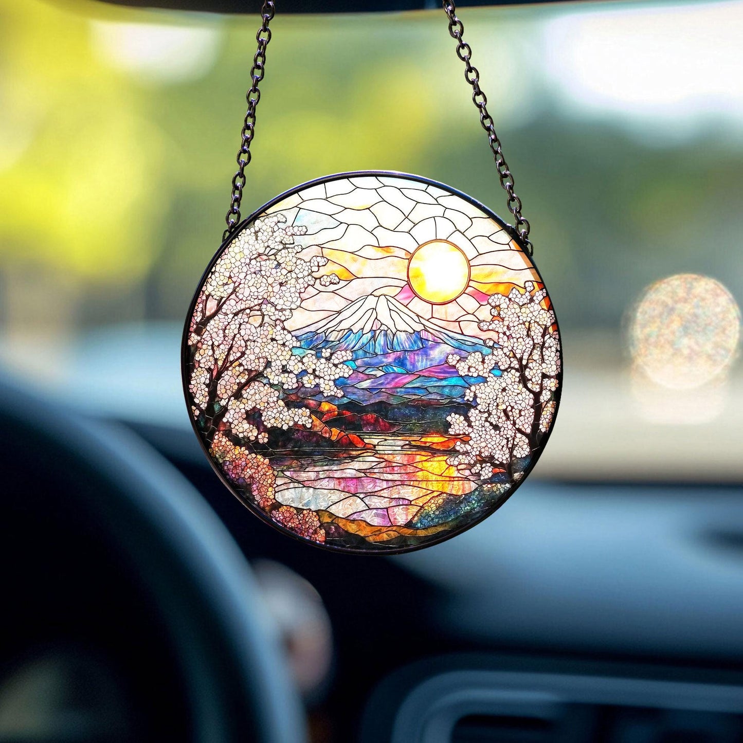 Cherry Blossom Stained Glass Suncatcher, Cherry Blossom and Mountain Window Hanging Decor, Sakura Flower Glass, Cherry Blossom Lover Gift