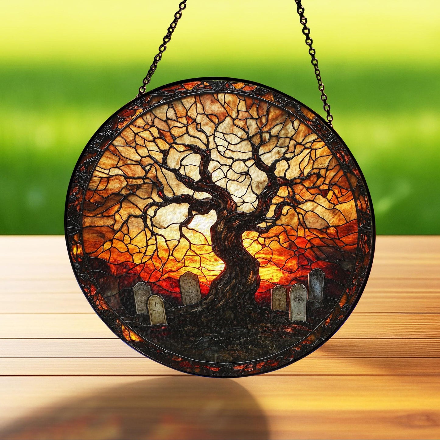 Stained Glass Suncatcher Haunted Graveyard, Gothic Halloween Window Hanging, Spooky Season Decor, Gift for Halloween, Cemetery Suncatcher