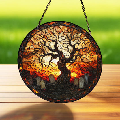 Stained Glass Suncatcher Haunted Graveyard, Gothic Halloween Window Hanging, Spooky Season Decor, Gift for Halloween, Cemetery Suncatcher