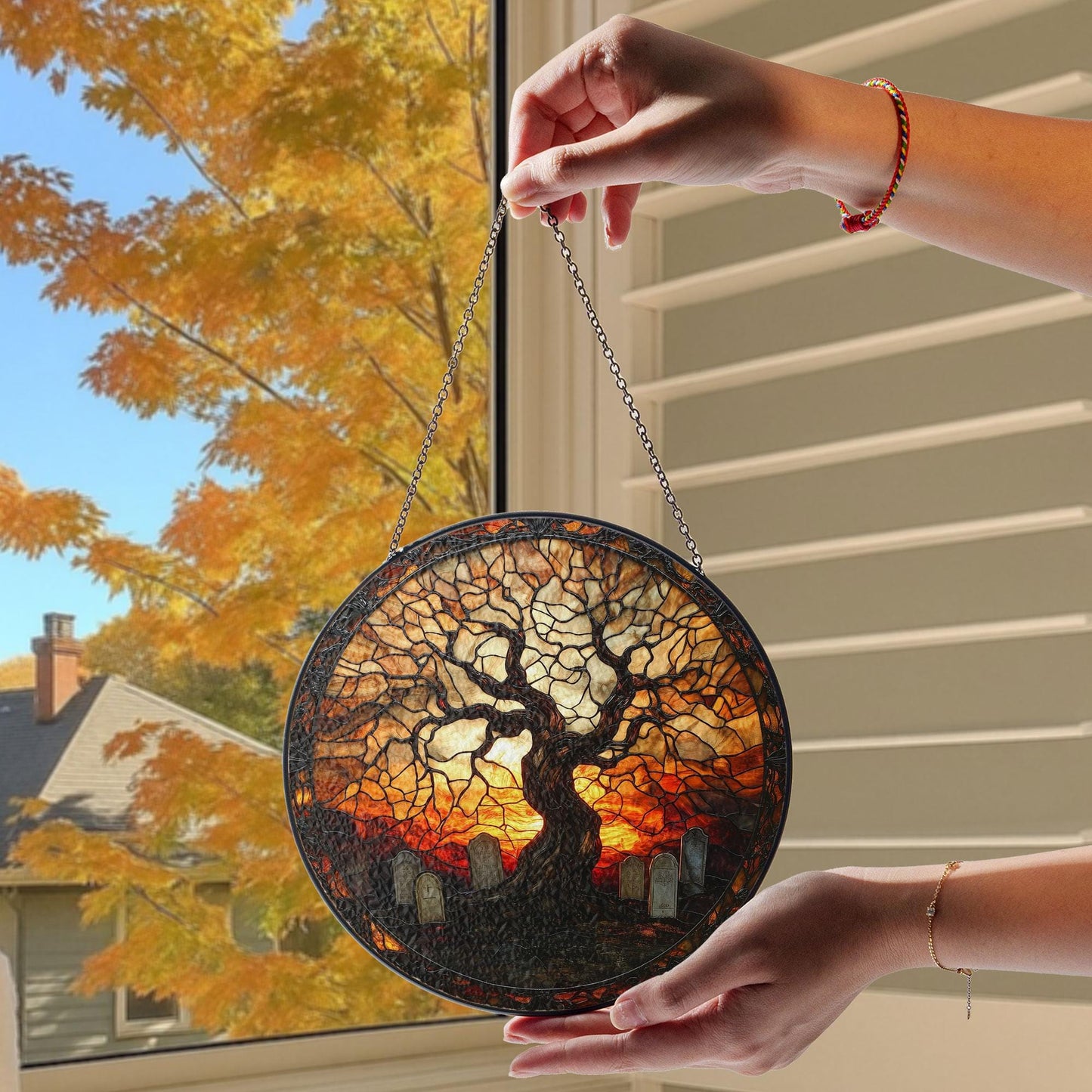 Stained Glass Suncatcher Haunted Graveyard, Gothic Halloween Window Hanging, Spooky Season Decor, Gift for Halloween, Cemetery Suncatcher