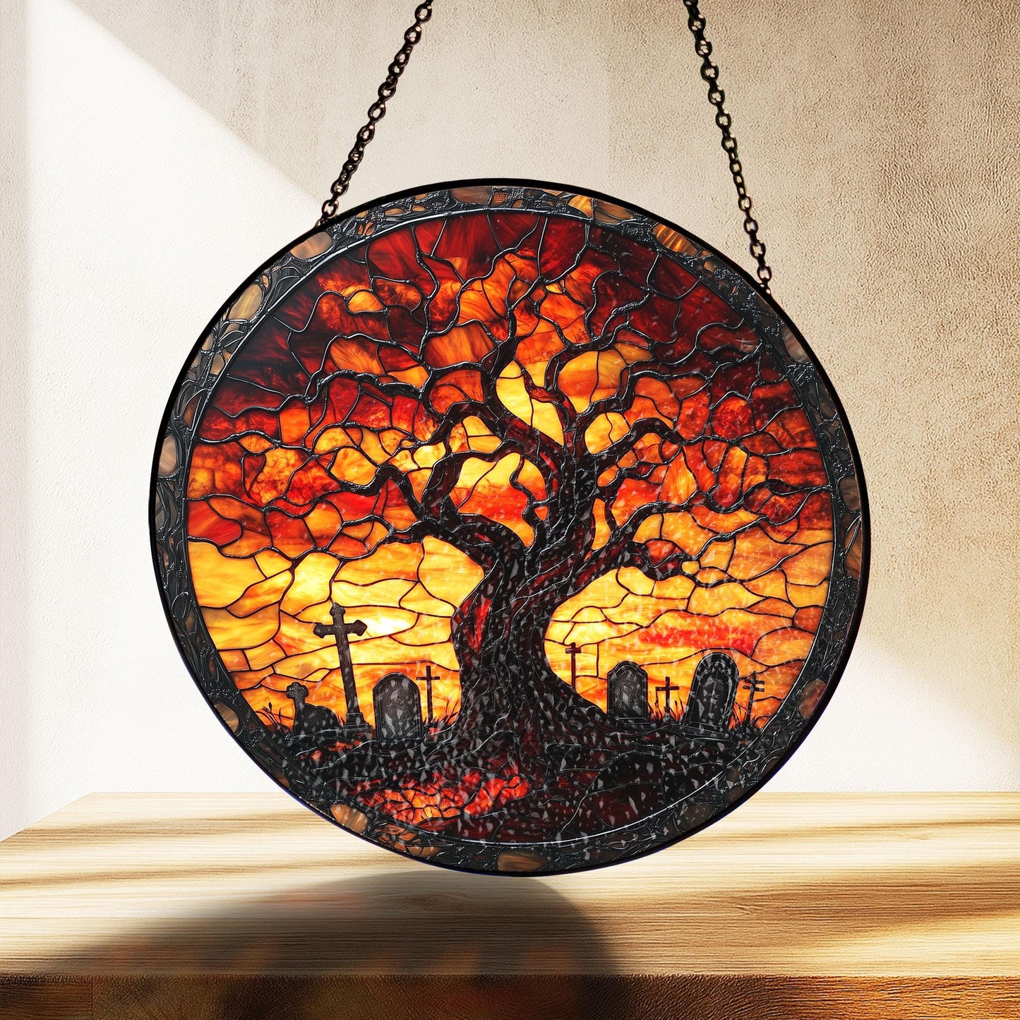 Cemetery Stained Glass Suncatcher, Halloween Stained Glass Graveyard Window Hanging, Spooky Moonlit Scene Gift