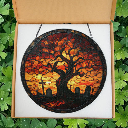 Cemetery Stained Glass Suncatcher, Halloween Stained Glass Graveyard Window Hanging, Spooky Moonlit Scene Gift