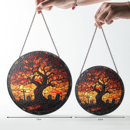 Cemetery Stained Glass Suncatcher, Halloween Stained Glass Graveyard Window Hanging, Spooky Moonlit Scene Gift
