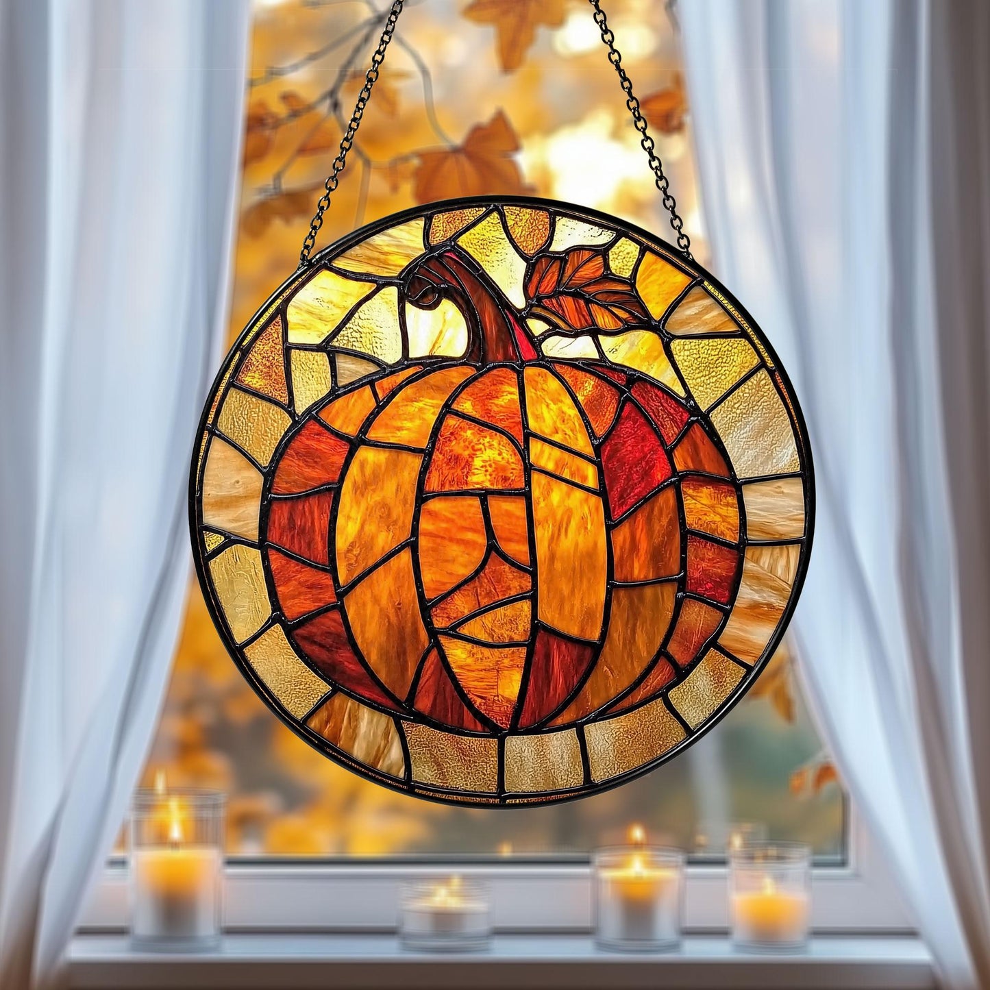 Mosaic Pumpkin Glass Sun Catcher, Halloween Jack-O’-Lantern Window Decor, Spooky Fall Hanging Ornament, Cute Pumpkin Gift, Thanksgiving Gift