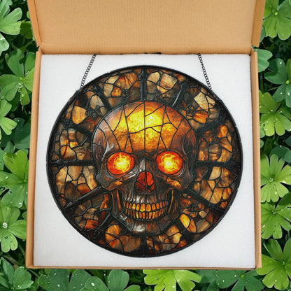 Pumpkin Skull Stained Glass Suncatcher, Spooky Halloween Stained Glass Suncatcher, Gothic Jack O Lantern Glass Decor, Dark Horror Decor