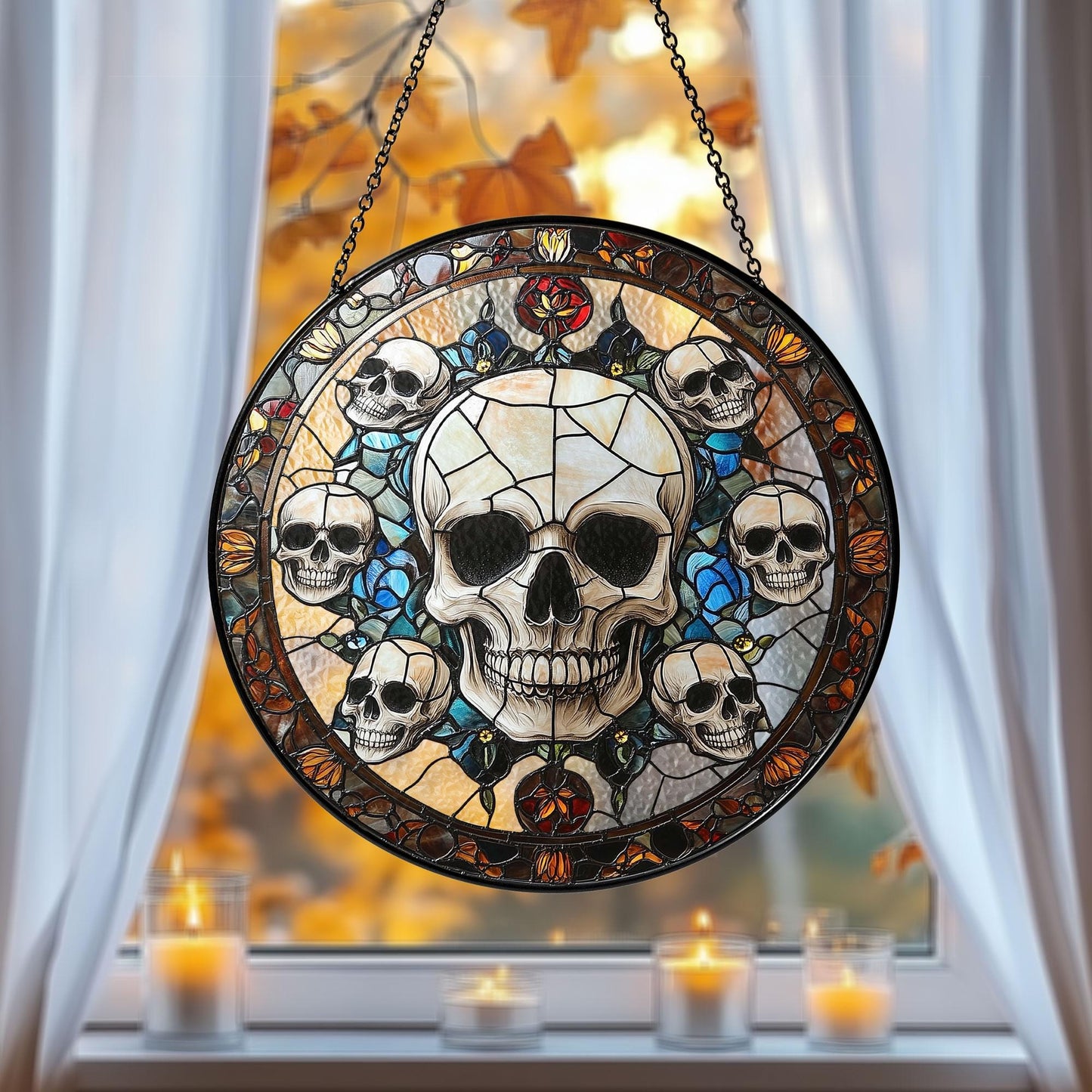 Gothic Skull Stained Glass Suncatcher, Window Hanging Panel with Dark Floral Accents for Halloween, Horror Decor, Edgy Macabre Gift for Home