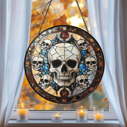 Gothic Skull Stained Glass Suncatcher, Window Hanging Panel with Dark Floral Accents for Halloween, Horror Decor, Edgy Macabre Gift for Home