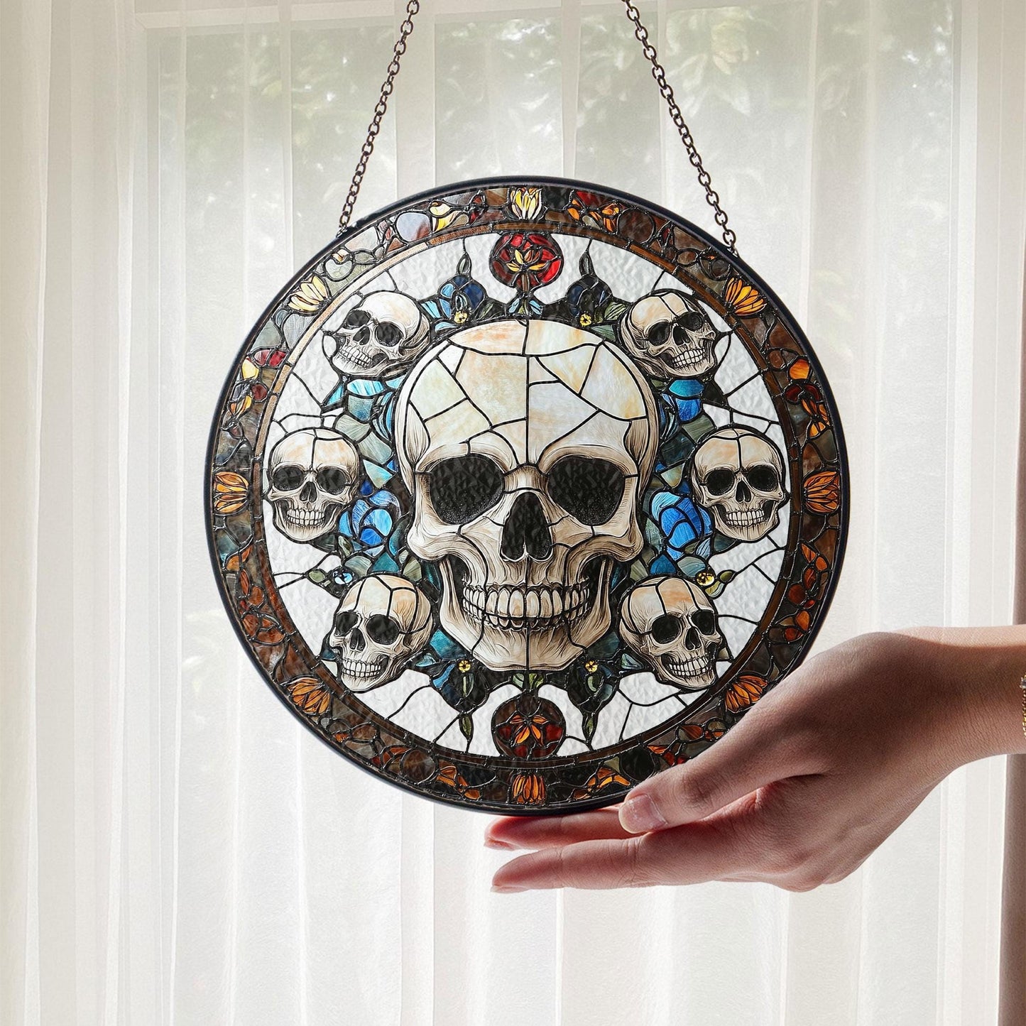 Gothic Skull Stained Glass Suncatcher, Window Hanging Panel with Dark Floral Accents for Halloween, Horror Decor, Edgy Macabre Gift for Home