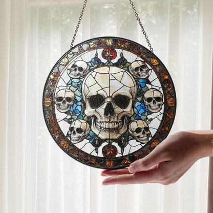 Gothic Skull Stained Glass Suncatcher, Window Hanging Panel with Dark Floral Accents for Halloween, Horror Decor, Edgy Macabre Gift for Home