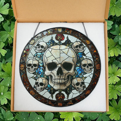 Gothic Skull Stained Glass Suncatcher, Window Hanging Panel with Dark Floral Accents for Halloween, Horror Decor, Edgy Macabre Gift for Home