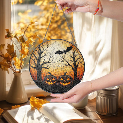 Halloween Pumpkin Glass Suncatcher, Glass Hanging with Jack-o’-Lanterns, Bat and Spooky Trees for Fall Decor, Haunted Home or Witchy Gifts