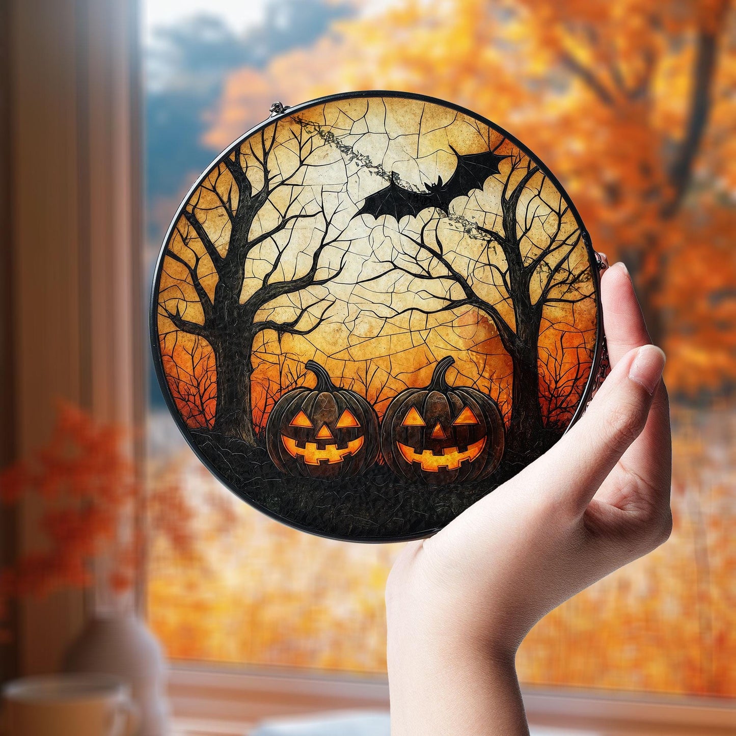 Halloween Pumpkin Glass Suncatcher, Glass Hanging with Jack-o’-Lanterns, Bat and Spooky Trees for Fall Decor, Haunted Home or Witchy Gifts