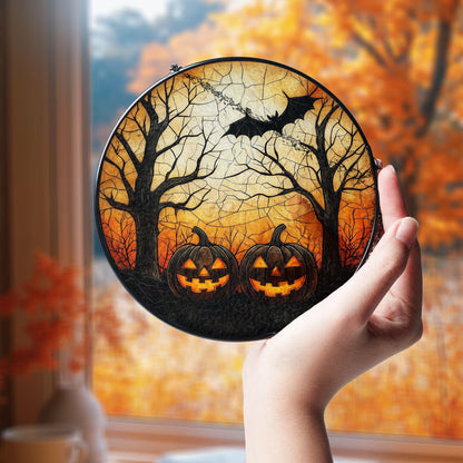 Halloween Pumpkin Glass Suncatcher, Glass Hanging with Jack-o’-Lanterns, Bat and Spooky Trees for Fall Decor, Haunted Home or Witchy Gifts