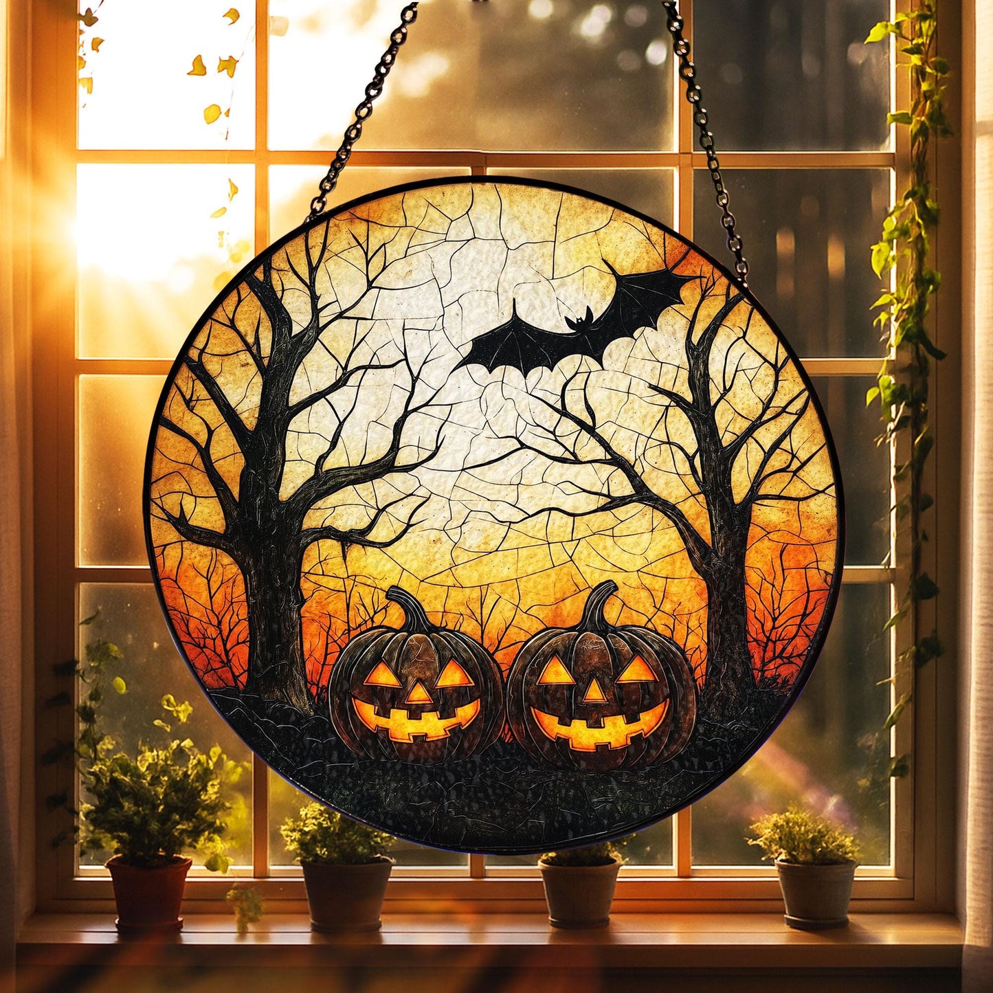 Halloween Pumpkin Glass Suncatcher, Glass Hanging with Jack-o’-Lanterns, Bat and Spooky Trees for Fall Decor, Haunted Home or Witchy Gifts