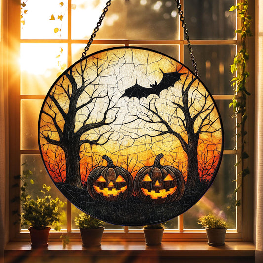 Halloween Pumpkin Glass Suncatcher, Glass Hanging with Jack-o’-Lanterns, Bat and Spooky Trees for Fall Decor, Haunted Home or Witchy Gifts