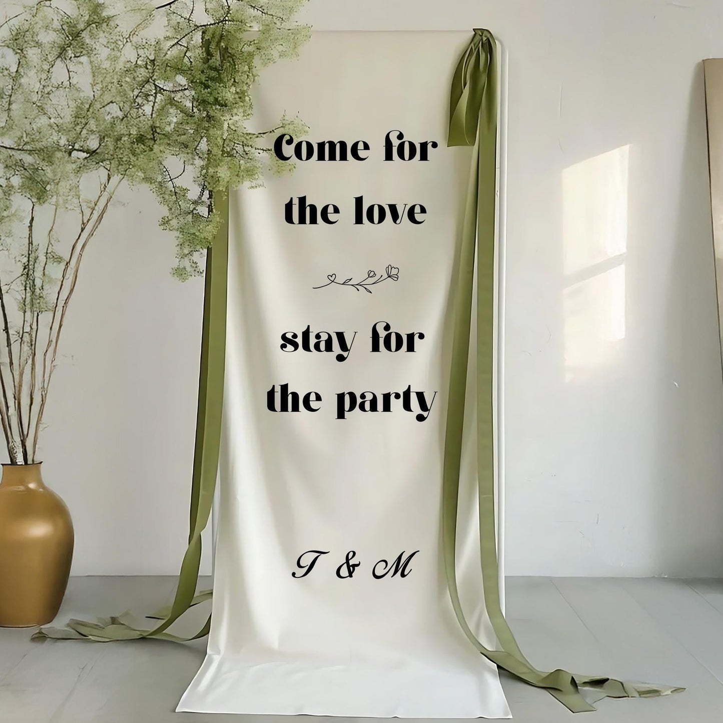 Come for the Love Wedding Banner – Funny Fabric Welcome Sign with Custom Initials, Modern Minimalist Ceremony or Reception Party Decor