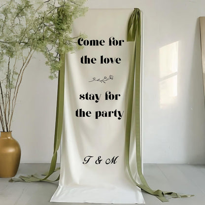 Come for the Love Wedding Banner – Funny Fabric Welcome Sign with Custom Initials, Modern Minimalist Ceremony or Reception Party Decor