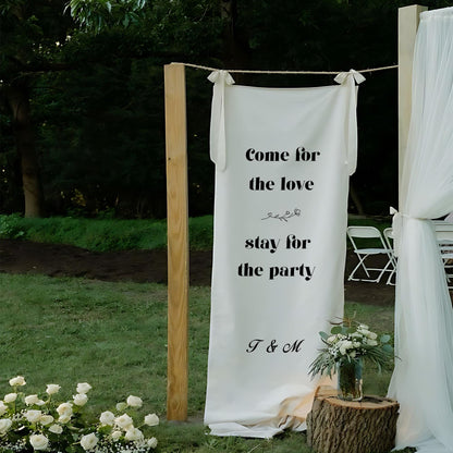 Come for the Love Wedding Banner – Funny Fabric Welcome Sign with Custom Initials, Modern Minimalist Ceremony or Reception Party Decor