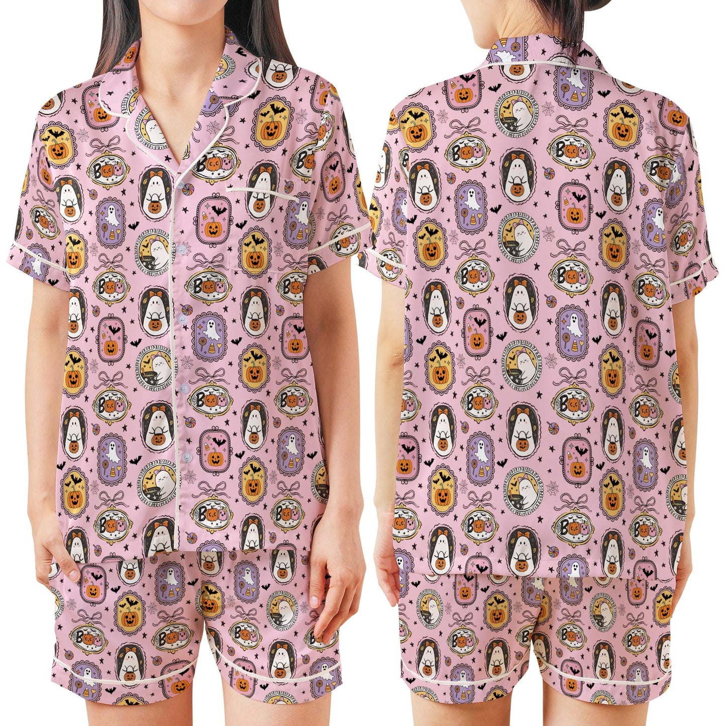 Coquette Girly Halloween Satin Pajamas Set, Spooky Season Short Long Sleeve Pajama Set, Boo Ghost Sleepwear, Cute Halloween Pajamas Set