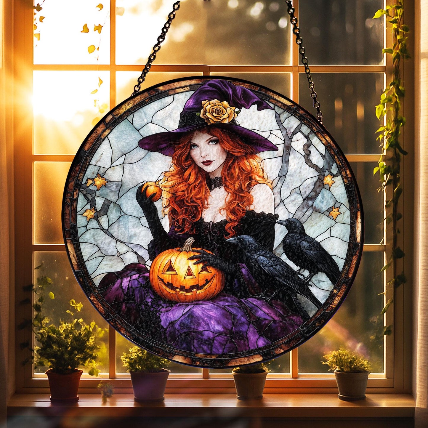 Halloween Witch Suncatcher, Gothic Witch with Pumpkin and Ravens, Spooky Window Hanging for Halloween Decor, Fall Gifts, Witchy Home Vibes