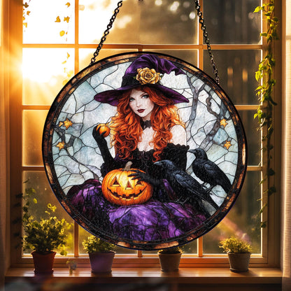 Halloween Witch Suncatcher, Gothic Witch with Pumpkin and Ravens, Spooky Window Hanging for Halloween Decor, Fall Gifts, Witchy Home Vibes