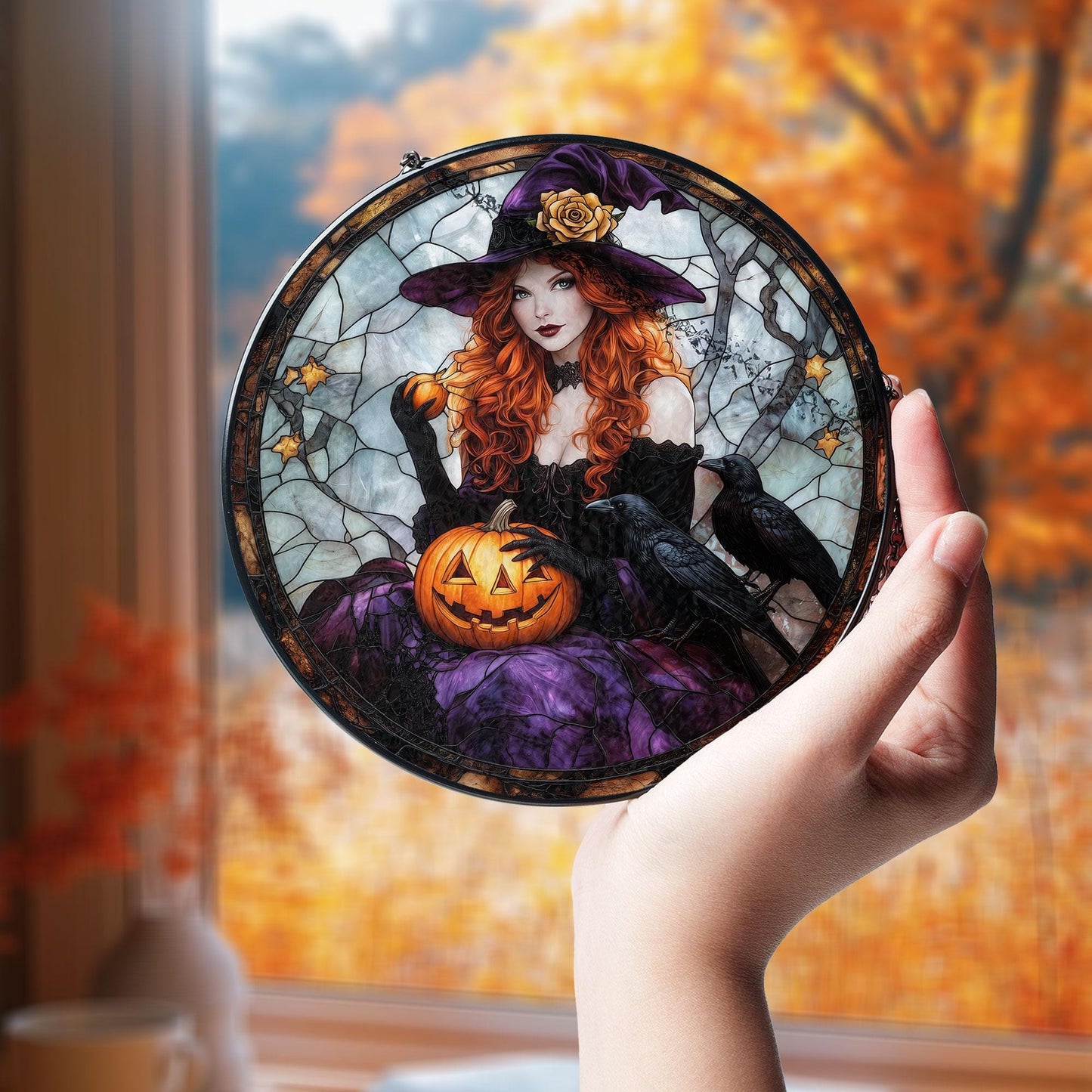 Halloween Witch Suncatcher, Gothic Witch with Pumpkin and Ravens, Spooky Window Hanging for Halloween Decor, Fall Gifts, Witchy Home Vibes