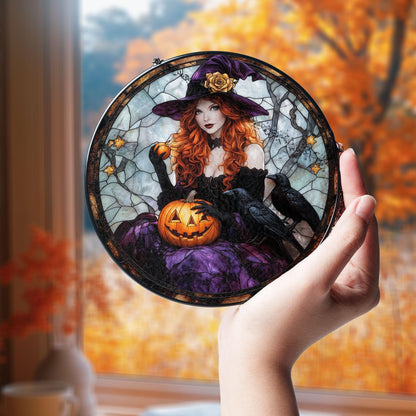Halloween Witch Suncatcher, Gothic Witch with Pumpkin and Ravens, Spooky Window Hanging for Halloween Decor, Fall Gifts, Witchy Home Vibes