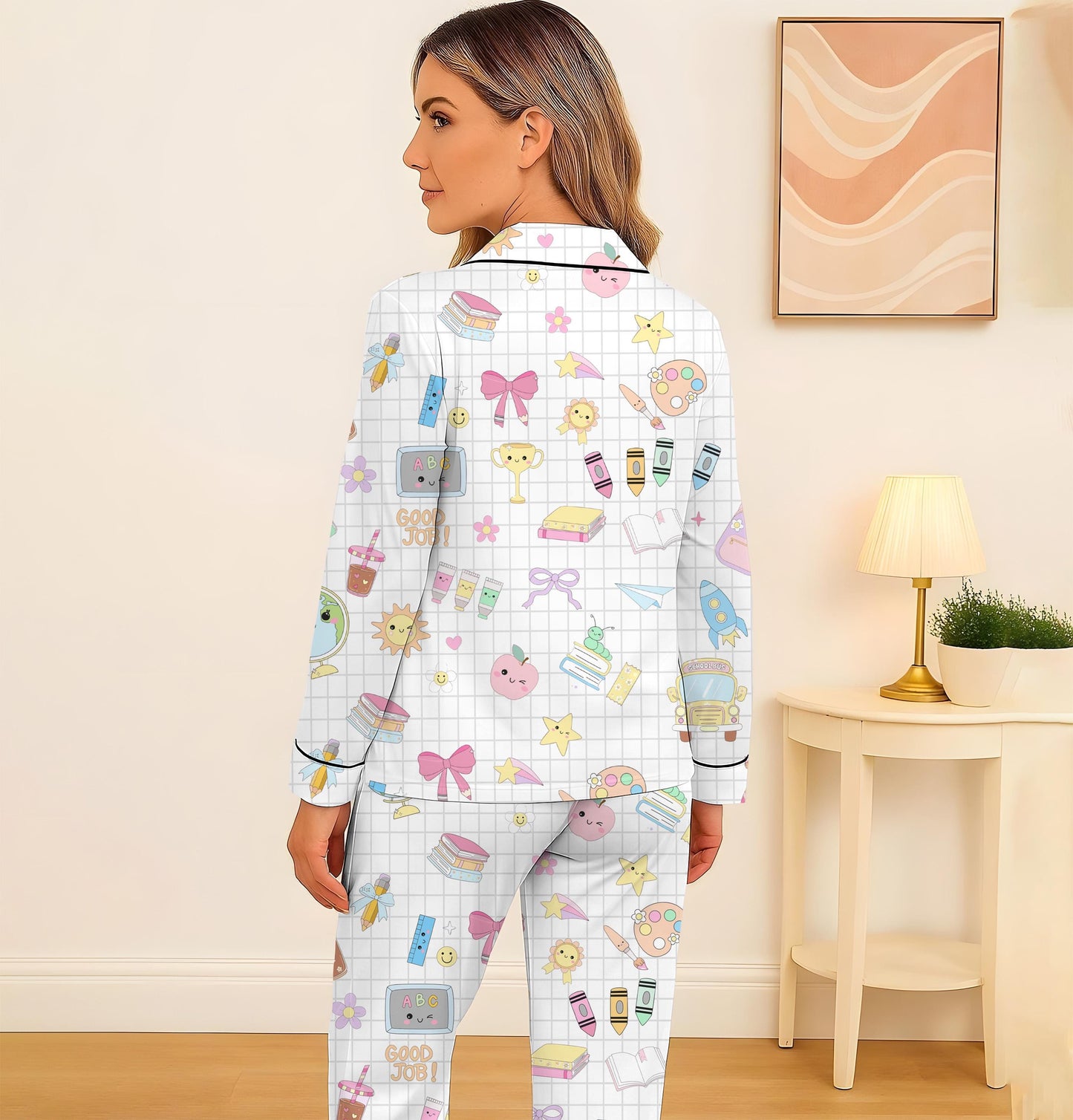 School Supplies Pajamas Set, Back To School Sleepwear, 1st Of School Pyjamas, Cute Homewear For Student, Teacher Appreciation Gift