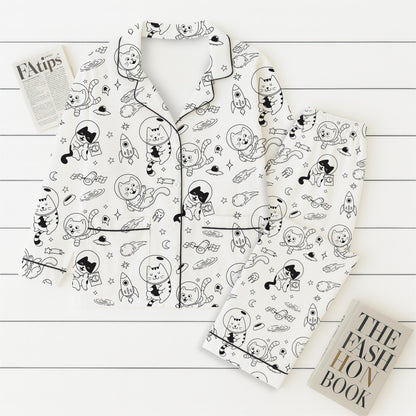 Cats In Space Pajamas Set, Space Astronaut Cat Homewear, Funny Cat Sleepwear, Gift For Cat Lover, Retro Vintage Cat Pyjamas