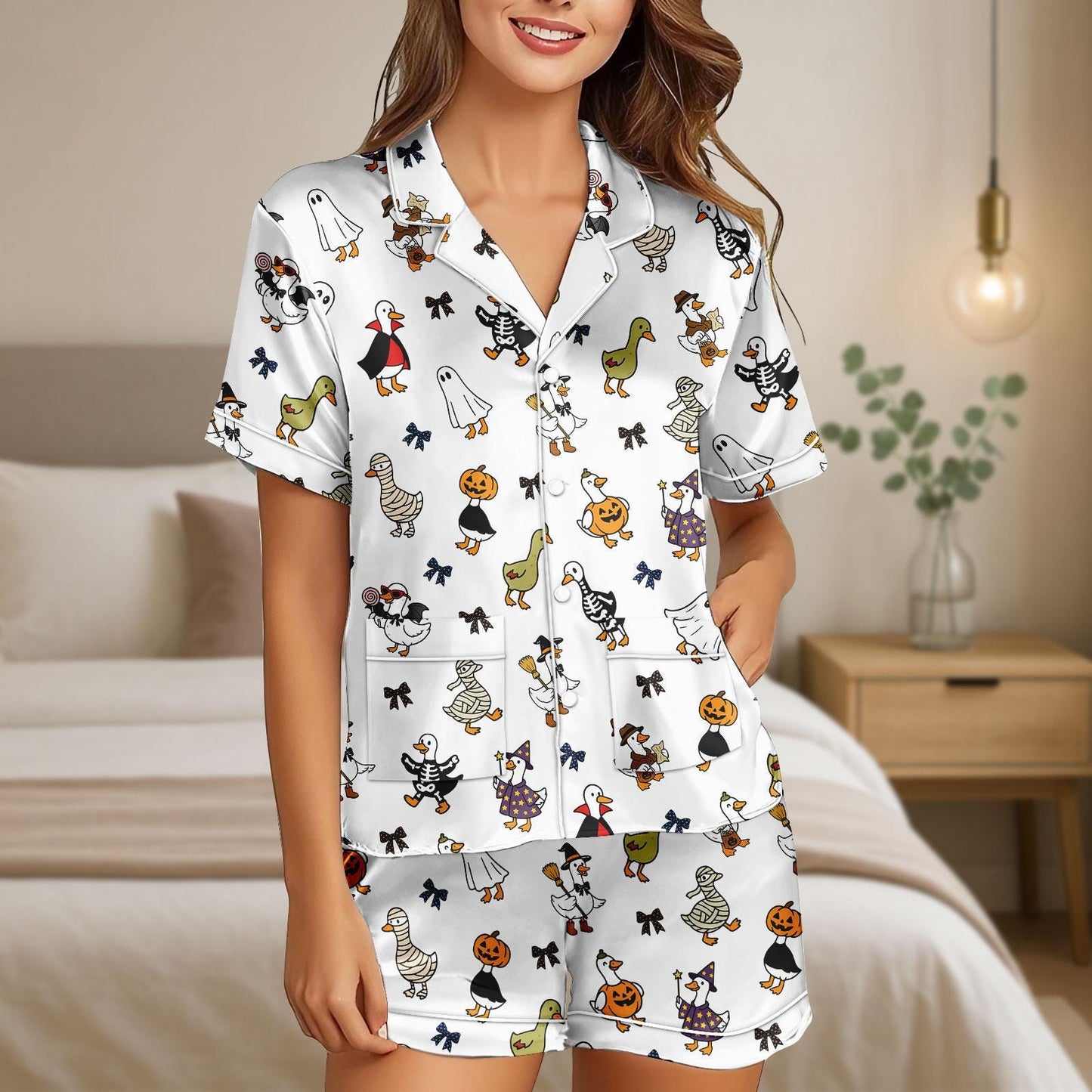 Duck Halloween Satin Pajama Set, Cute Mummy Ghost Pumpkin Pjs, Cozy Satin Sleepwear Shorts for Women, Halloween Gift For Her