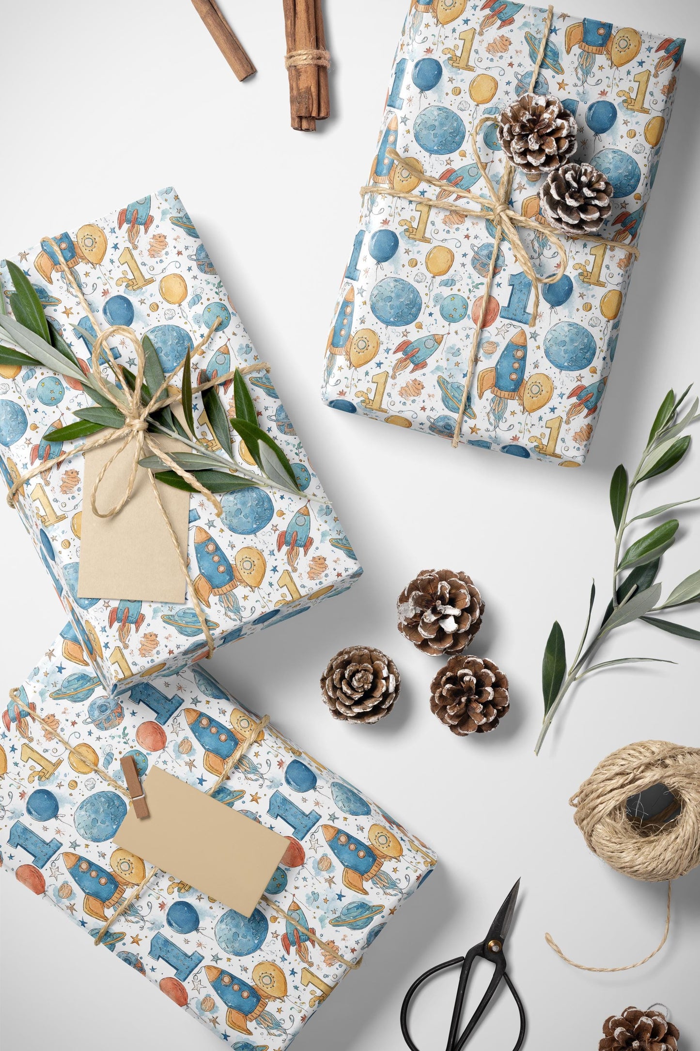 Baby Boy 1st Birthday Space Wrapping Paper Roll, Cute Rocket Ship Gift Wrap for Toddler Birthday Party and Galaxy Decorations #2