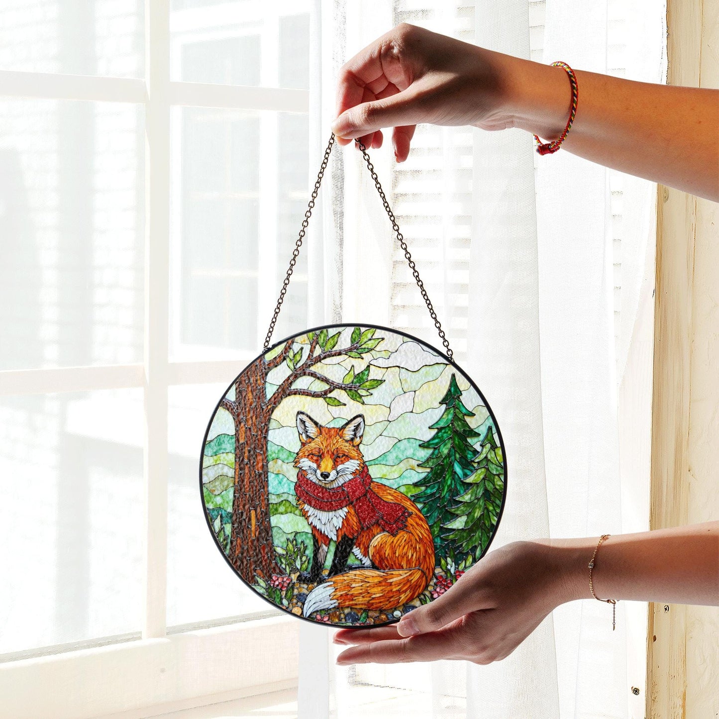 Red fox with scarf forest stained glass suncatcher woodland animal window decor Christmas gift