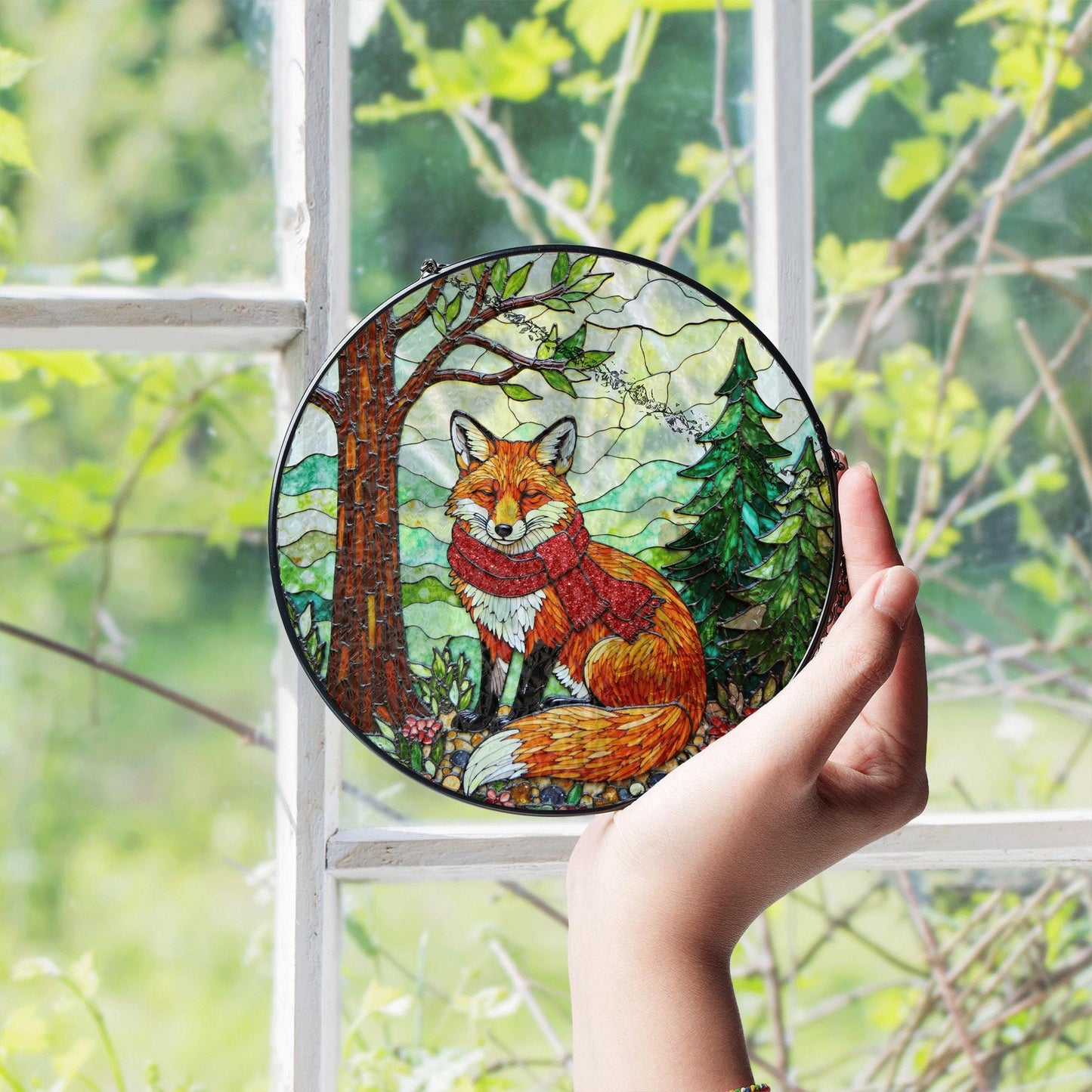 Red fox with scarf forest stained glass suncatcher woodland animal window decor Christmas gift
